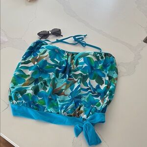 Floral Halter Tankini Top with Blue and Green Pattern